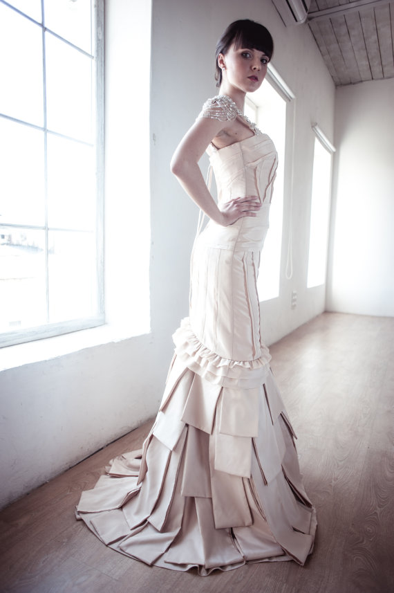 Wedding - Satin Body Skimming Silhouette Long Wedding Dress M30 long with Puddle train