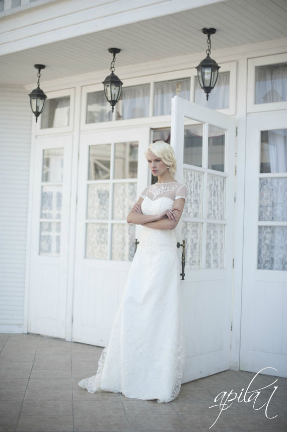 Mariage - Lace Long Wedding Dress, Long Ivory Wedding Dress, Satin and Lace Wedding Dress , Bridal Dress L8