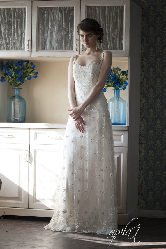 زفاف - Lace Long Wedding Dress, Long Ivory Wedding Dress, Satin and Lace Wedding Dress , Bridal Dress with Pearls L2