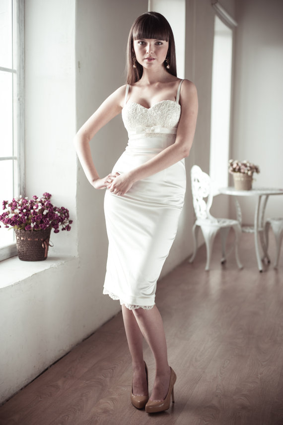 Wedding - Fitted Style Short Wedding Dress, Satin and Lace Short Wedding Dress, Wedding Gown M13