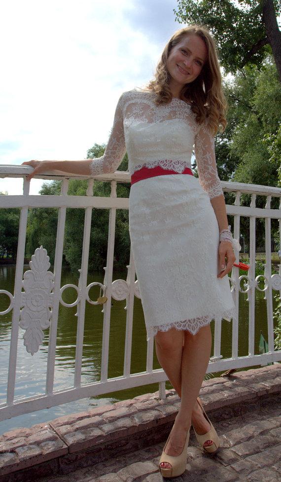 زفاف - Fitted style short wedding dress with lace jacket M34