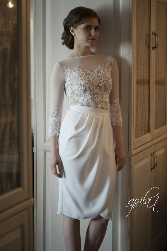 زفاف - Short Wedding Dress, White and Nude Wedding Dress, Crepe and Lace Dress L10