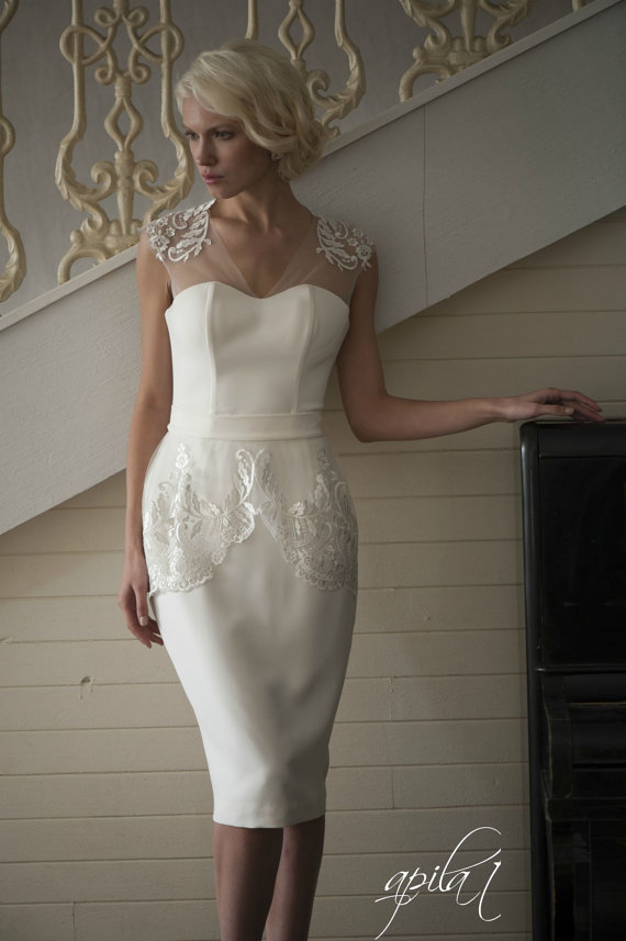 زفاف - Short Wedding Dress, Ivory Wedding Dress, Crepe and Lace Dress L3
