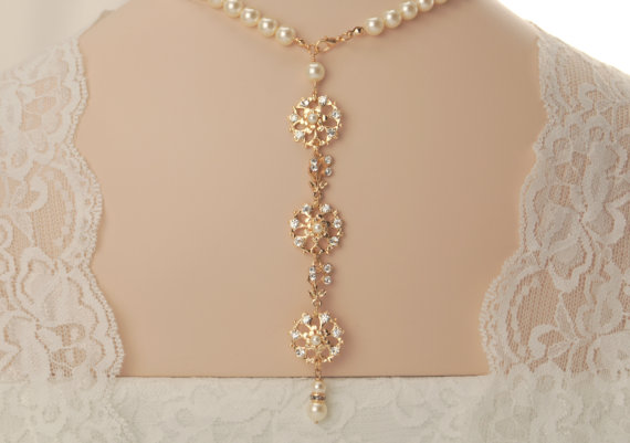 Свадьба - Bridal back drop necklace-Rose gold Swarovski crystal bridal backdrop necklace-Wedding necklace-Wedding jewelry-Rose gold bridal necklace