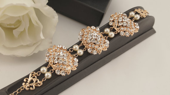 Hochzeit - Bridal rose gold bracelet-Vintage inspired art deco Swarovski crystal bridal bracelet-Wedding jewelery-Bridal bracelet-Bridesmaid gift
