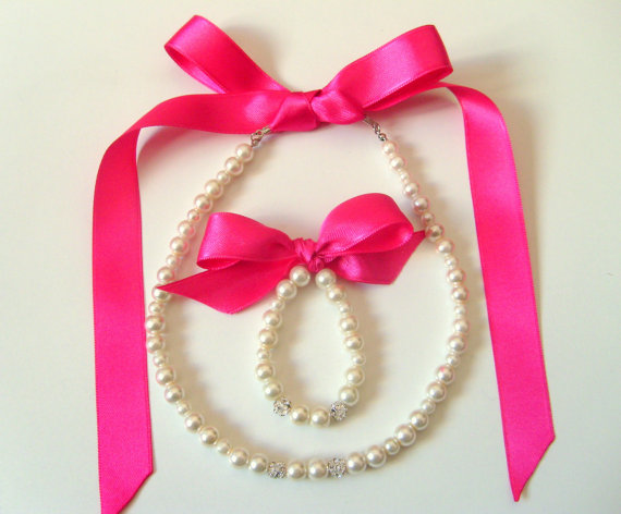 Свадьба - Hot pink Flower girl jewelry set adjustable necklace and stretchy bracelet with swarovski crystal balls wedding jewelry flower girl gift