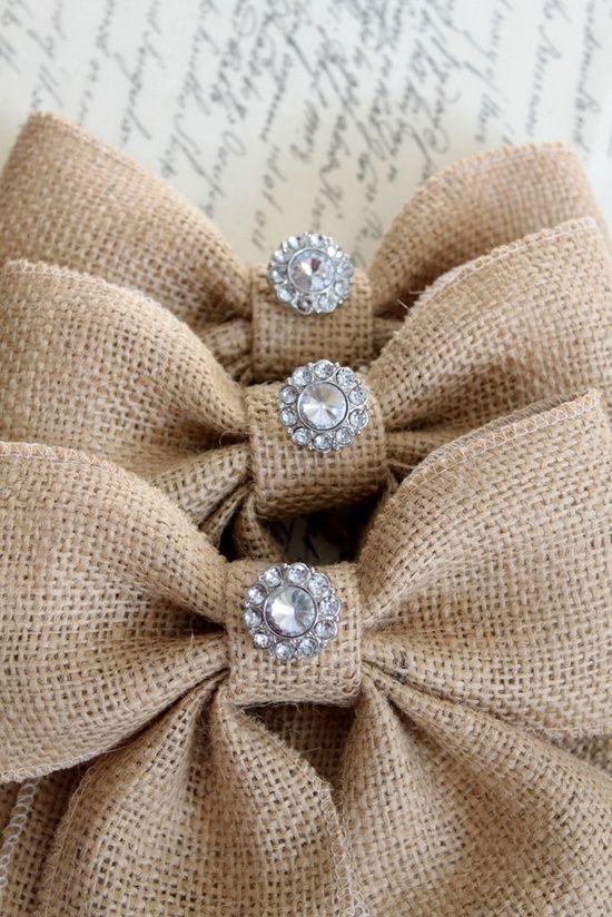 Свадьба - Great Idea - Mix Rustic And Chic By Adding Crystals To Burlap Bows.