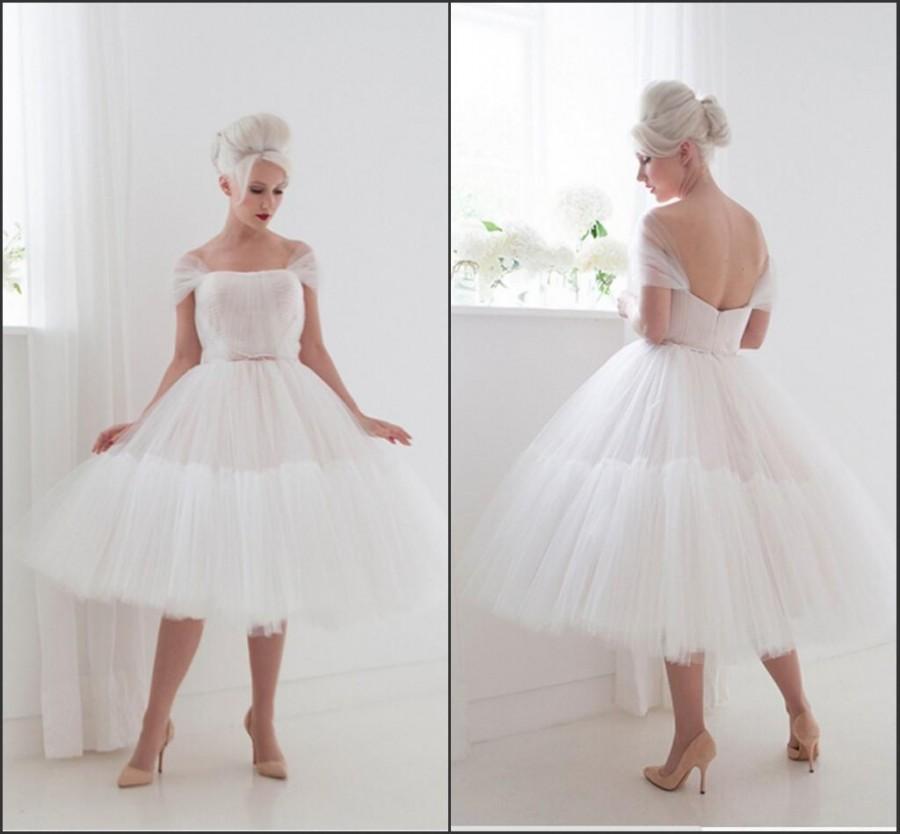 Mariage - Elegant 2015 Short Weddding Dresses Capped Sheer House of Mooshki Sash Custom Knee Length Tulle Wedding Ball Gown Bridal Gowns Party, $88.7 