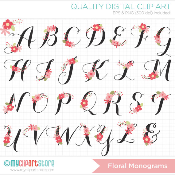Mariage - Floral Monogram / Flowers ABC - Floral Alphabet Clip Art / Digital Clipart - Instant Download