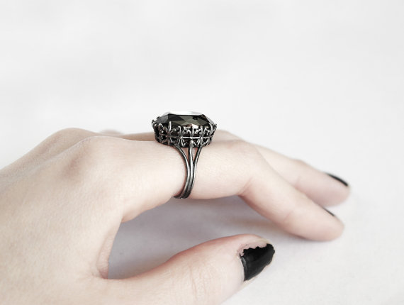 Hochzeit - Black Gothic Ring Gray Swarovski Ring Crystal Ring Silver Filigree Victorian Gothic Jewelry Victorian Jewelry alternative engagement ring