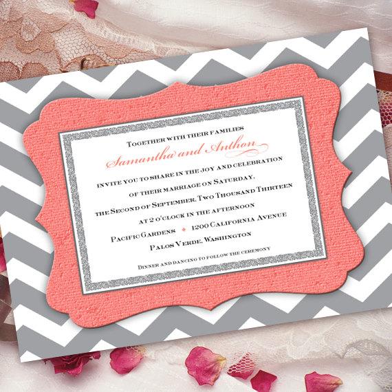 زفاف - gray chevron wedding invitation, gray and coral invitation, coral and silver chevron invitation, IN259