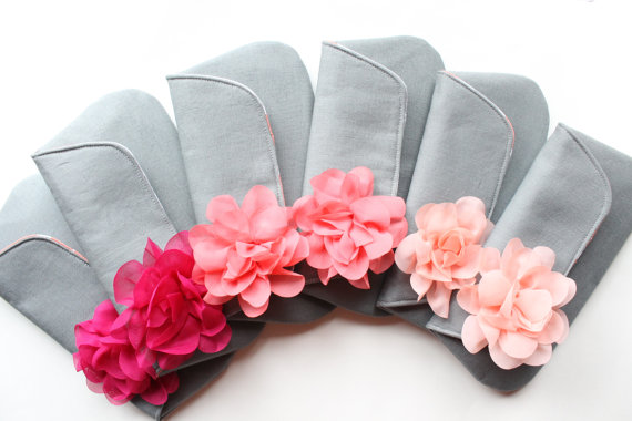 Свадьба - Bridesmaid Clutch Set of 6, Gray and Coral Pink Wedding, CUSTOM COLORS AVAILABLE