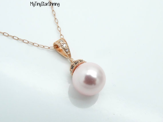 زفاف - Pink Pearl Necklace ROSE GOLD Pearl Necklace 14k rose gold filled Necklace Bridesmaid Gift Single pearl Necklace Wedding Jewelry Pearl