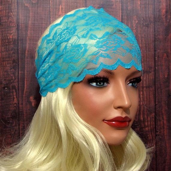 زفاف - SALE Lace Headband for Women, Wide Stretchy Hair Wrap in AQUA BLUE, Womens Lacey Hair Accessory from My Lovely Seasons