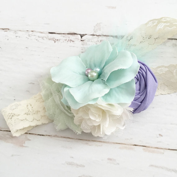 Mariage - lavender cream seafoam aqua light green flower chiffon headband-wedding flower girl headband-spring easter headband