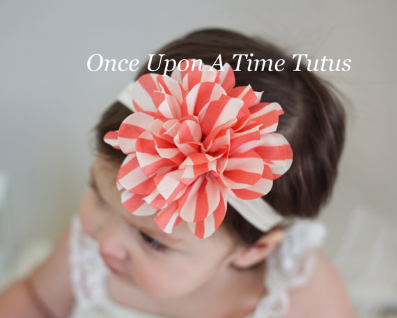 Hochzeit - Coral Ivory Striped Flower Headband - Newborn Baby Hairbow - Little Girls Hair Bow - Easter or Spring Accessories  Puff Poof Girly Accessory