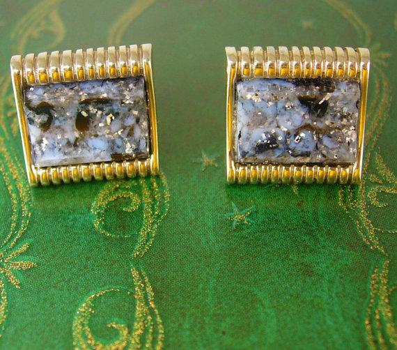زفاف - Gray Marble Confetti Cufflinks Gold Filled Concave Vintage Business Wedding anniversary gift mens estate formal wear jewelry