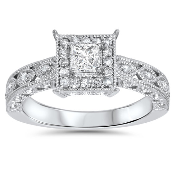 زفاف - Princess Cut Diamond .60CT Vintage Engagement Ring 14K White Gold Hand Engraved Antique Milgrain Accent Detail Size 4-9