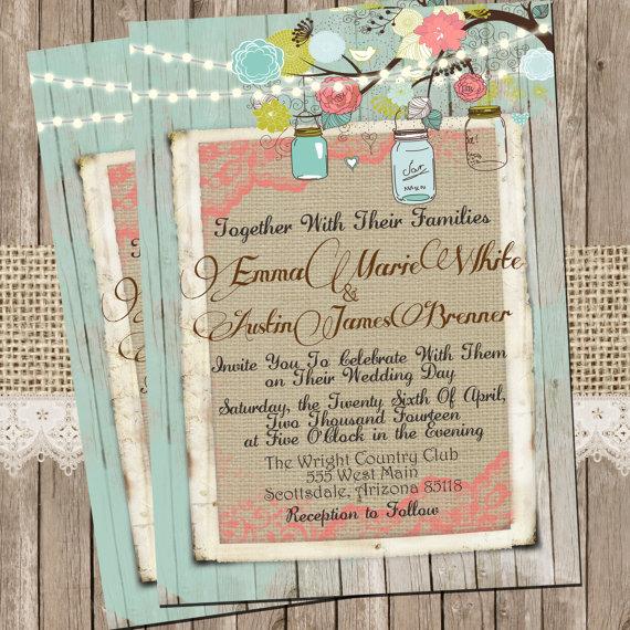زفاف - Mint and Coral, Burlap and Lace Wedding Invitation, Rustic, Wood fence,  Printable, Digital File, Personalized, 5x7,