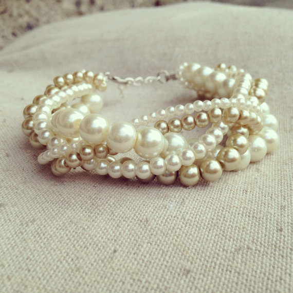 Hochzeit - Braided cuff, ivory pearl bracelet, bridesmaids bracelet, ivory bracelet, pearl bracelet, statement bracelet, elegant bracelet, ivory gold