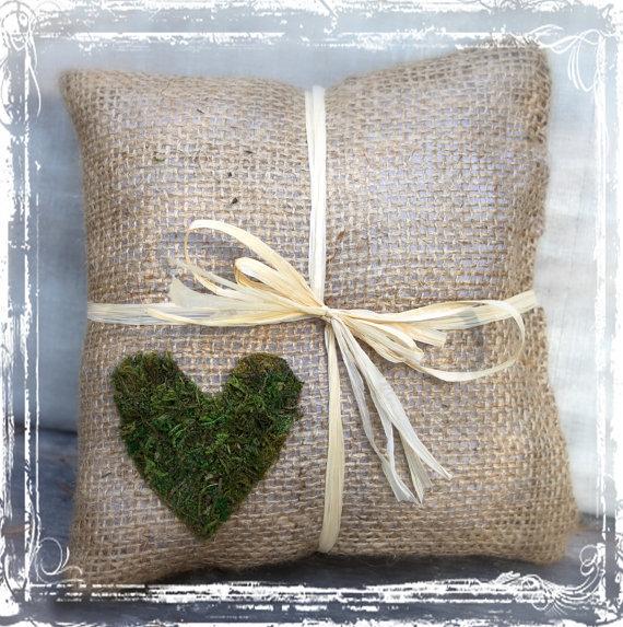 Mariage - Burlap And Moss Heart Ring Bearer Pillow - Rustic Weddings - Spring Summer Fall Winter Wedding - Country - Natural - Simply Elegant
