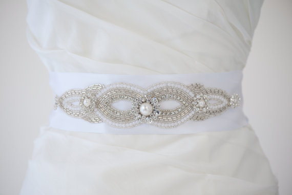 Hochzeit - Bridal Gown Sash, Wedding Dress Sash, Rhinestone Sash, Beaded Dress Sash