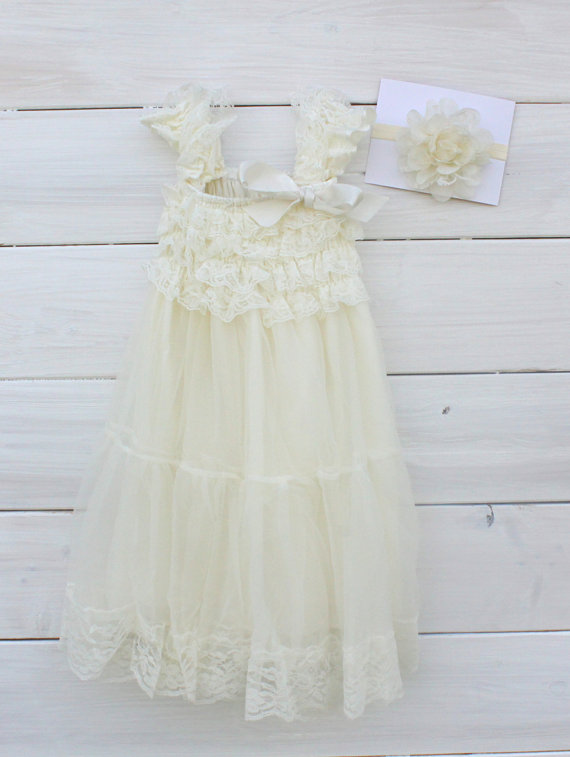 Wedding - Flower Girl Dress, Wedding Dress, Summer Dress Ivory With Matching Headband Cap Sleeves  (Infant, Toddler, Child)