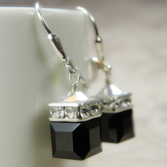 Свадьба - Black Cube Earrings, Onyx Swarovski Crystal, Sterling Silver, Drop, Dangle, Modern Wedding Jewelry, Bridesmaid Earrings, Handmade Jewelry