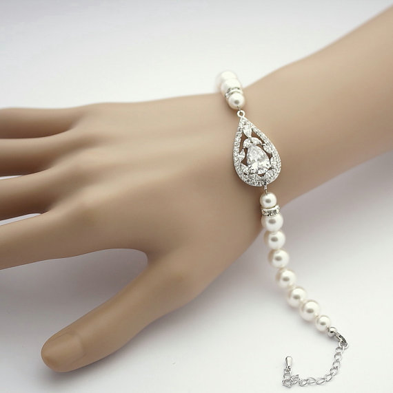 زفاف - Bridal Bracelet Crystal Pearl Wedding Jewelry White OR Cream Cubic Zirconia Bridal Jewelry
