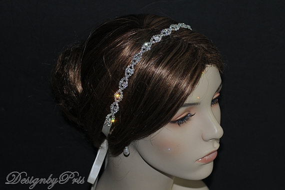 Wedding - HPH4  Bridal Hairpiece Wedding Accessories. Wedding Headband Bridal Ribbon Rhinestone Headband - Rhinestone Ribbon Headband