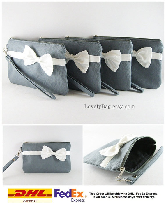 Wedding - SUPER SALE - Set of 7 Gray with Little Ivory Bow Clutches - Personalized Monogram Zipper Pull, Bridal Clutches, Wedding Gift - Made To Order