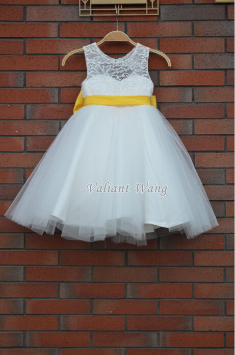 Hochzeit - Ivory Lace Tulle Flower Girl Dress Wedding Baby Girls Dress Big Yellow Sash/Bow Rustic Baby Birthday Dress Knee Length