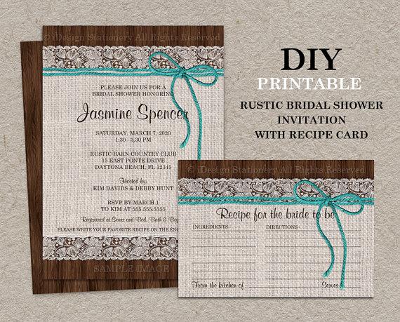 Hochzeit - Rustic Turquoise Bridal Shower Invitation With Recipe Card, DIY Printable Burlap And Lace Wedding Shower Invitations And Recipe Cards