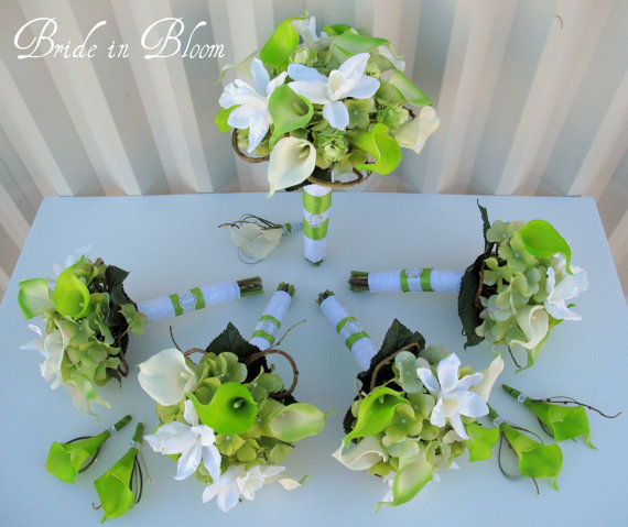 Hochzeit - 10 piece Wedding bouquet set lime green white calla lily orchid Bridal bouquets
