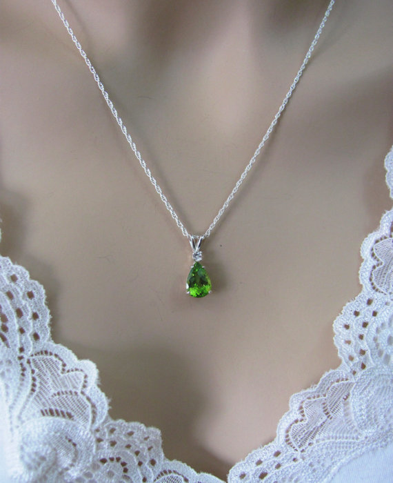 Mariage - Peridot Necklace in Sterling Silver with Topaz Accent,10x7 Peridot Gemstone, Peridot Birthstone, August Birthstone Pendant, Bridal Jewelry