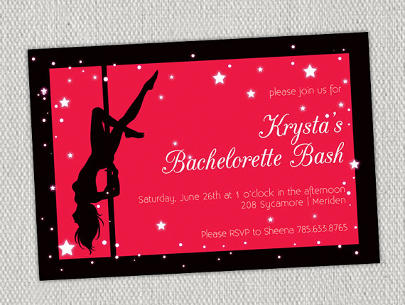 Wedding - Pole Dancer Bachelorette Invitation with Star // Hot Pink & Black