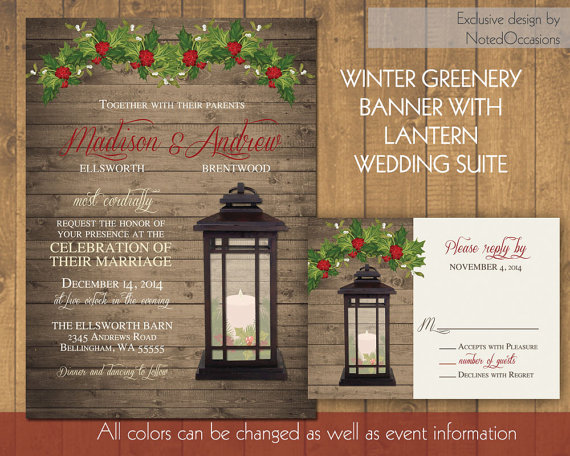 زفاف - Lantern Wedding Invitations Set Rustic Winter Wedding Invitation Holly Berries Barn wood slat background- Country Wedding Digital Printable
