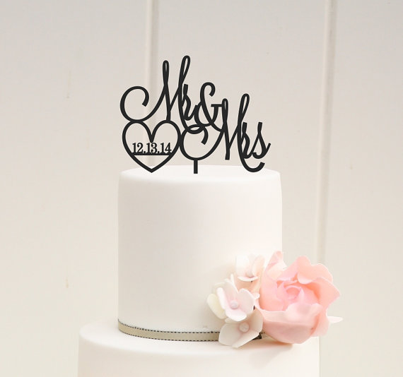 Wedding - Custom Wedding Cake Topper Mr and Mrs Cake Topper with Heart and Wedding Date