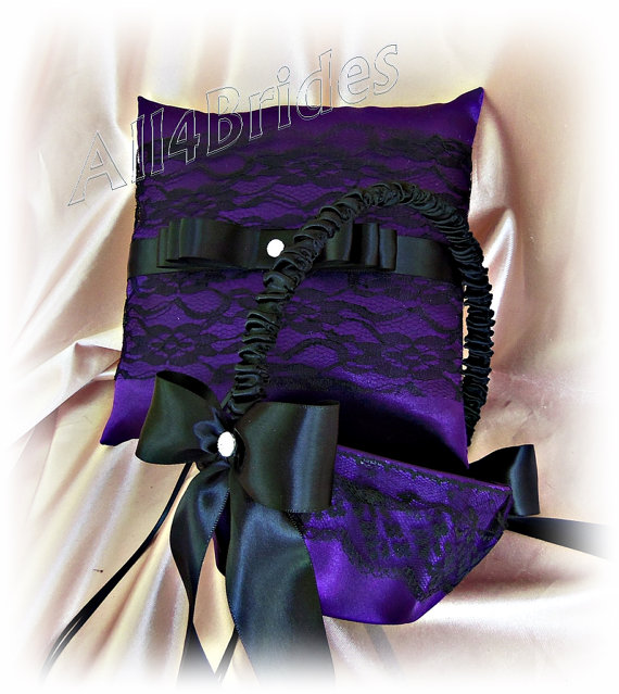 Hochzeit - Purple and black lace wedding flower girl basket and ring bearer pillow, satin and lace ring cushion and basket set.