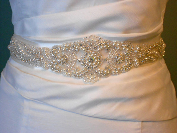 Wedding - Bridal Sash, Beaded Sash Wedding Dress Sash, Rhinestone Sash, Rhinestone and Pearls Sash Belt Crystals and Satin Tie. A Beautiful Sash