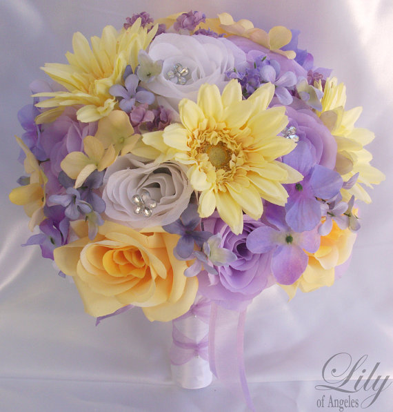 Mariage - 17 Piece Package Wedding Bridal Bride Maid Of Honor Bridesmaid Bouquet Boutonniere Corsage Silk Flower LAVENDER YELLOW "Lily Of Angeles"
