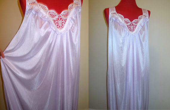 Wedding - Vintage Nightgown Medium Lilac Color Satin Slip Lace Trim Lingerie Night Shirt Pijamas Sleepwear Bridal Wedding Retro Style Apparel Bedroom