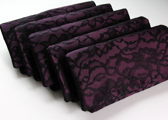 Hochzeit - 8 Plum Purple Satin and Black Lace Bridesmaid Clutches - Wedding Clutch Purse - Bridesmaid Gift Idea