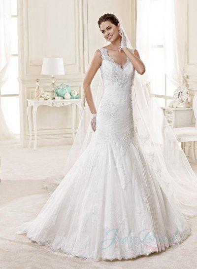 Hochzeit - JW15137 Illusion lace strappy mermaid fit flare wedding dress