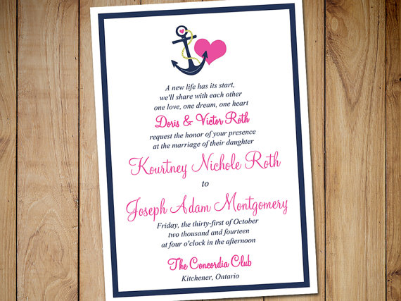 Mariage - Printable Wedding Invitation Template - Nautical Invitation Candy Pink Dark Navy Blue "Anchor Love" DIY Wedding Template - Beach Wedding