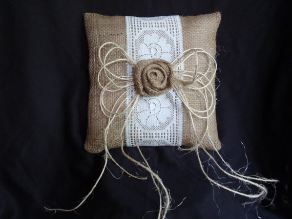 Wedding - Burlap Shabby Chic Rose  Natural Jute and Vintage Lace Square Ring Bearer Pillow Wedding Bridal Decoration Decorations