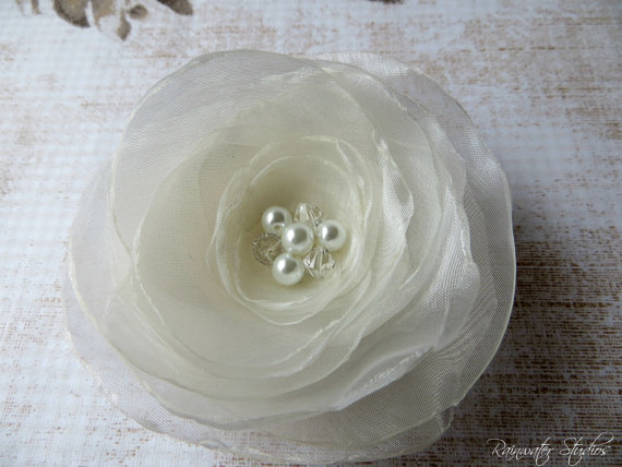 زفاف - Wedding Hair Flower, Ivory Shimmery Organza Flower Girl Hair Flower, Bridal Accessory