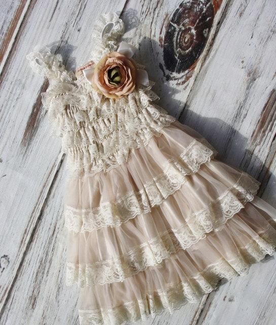 Mariage - Rustic Flower Girl Dress- Flower Girl Dresses- Dress includes shades of Beige Flowers- Rustic Girls Dress- Baby Lace Dress-Junior Bridesmaid