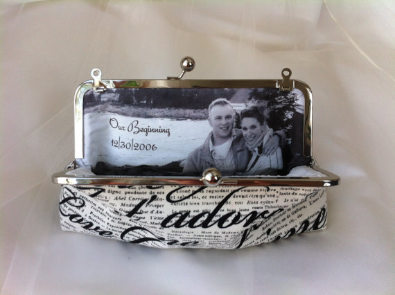 Hochzeit - Bridal Clutch with Photo LIning Wedding bridesmaid Clutch Personalized Custom with Inscription Je t'aime or your choice