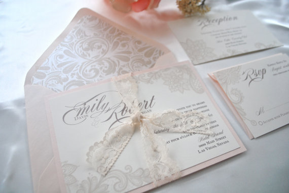 Hochzeit - Reserved Custom Listing for Brittany--Lovely Ivory and Blush Lace Wedding Invitation